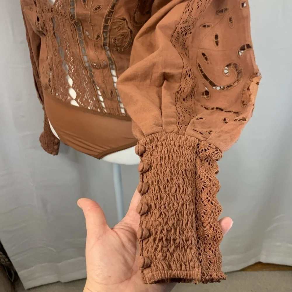 Free People Intimately Regina Brown Eyelet Bodysuit- NWOT